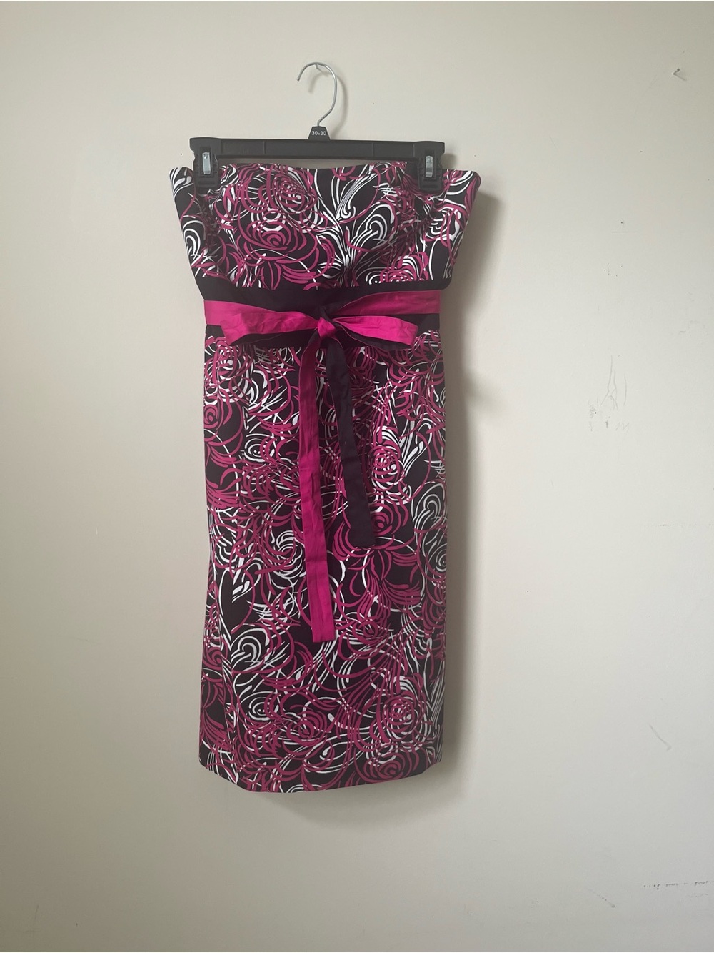 LOFT Strapless Hot Pink Swirl Print Dress with Obi Belt, 6P